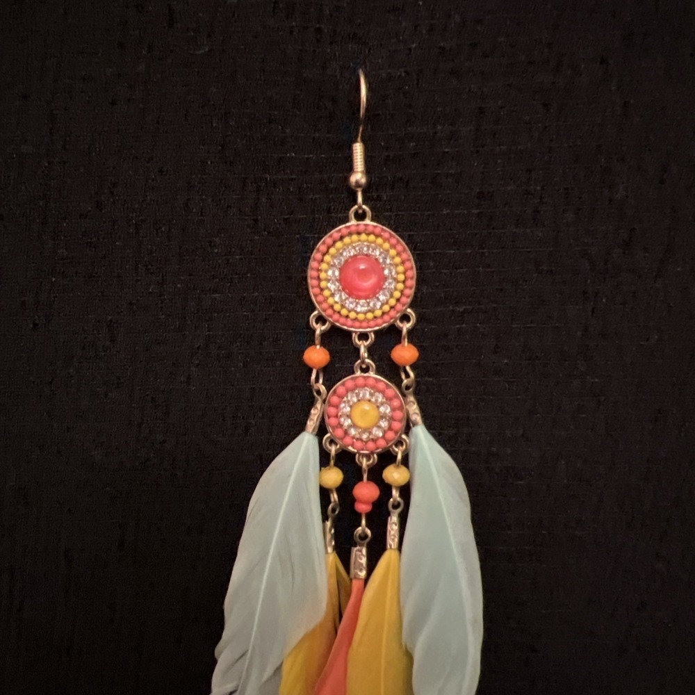 Boho Feather Single Dangle Earring Turquoise Yellow Orange Statement Earring - Picture 3 of 7